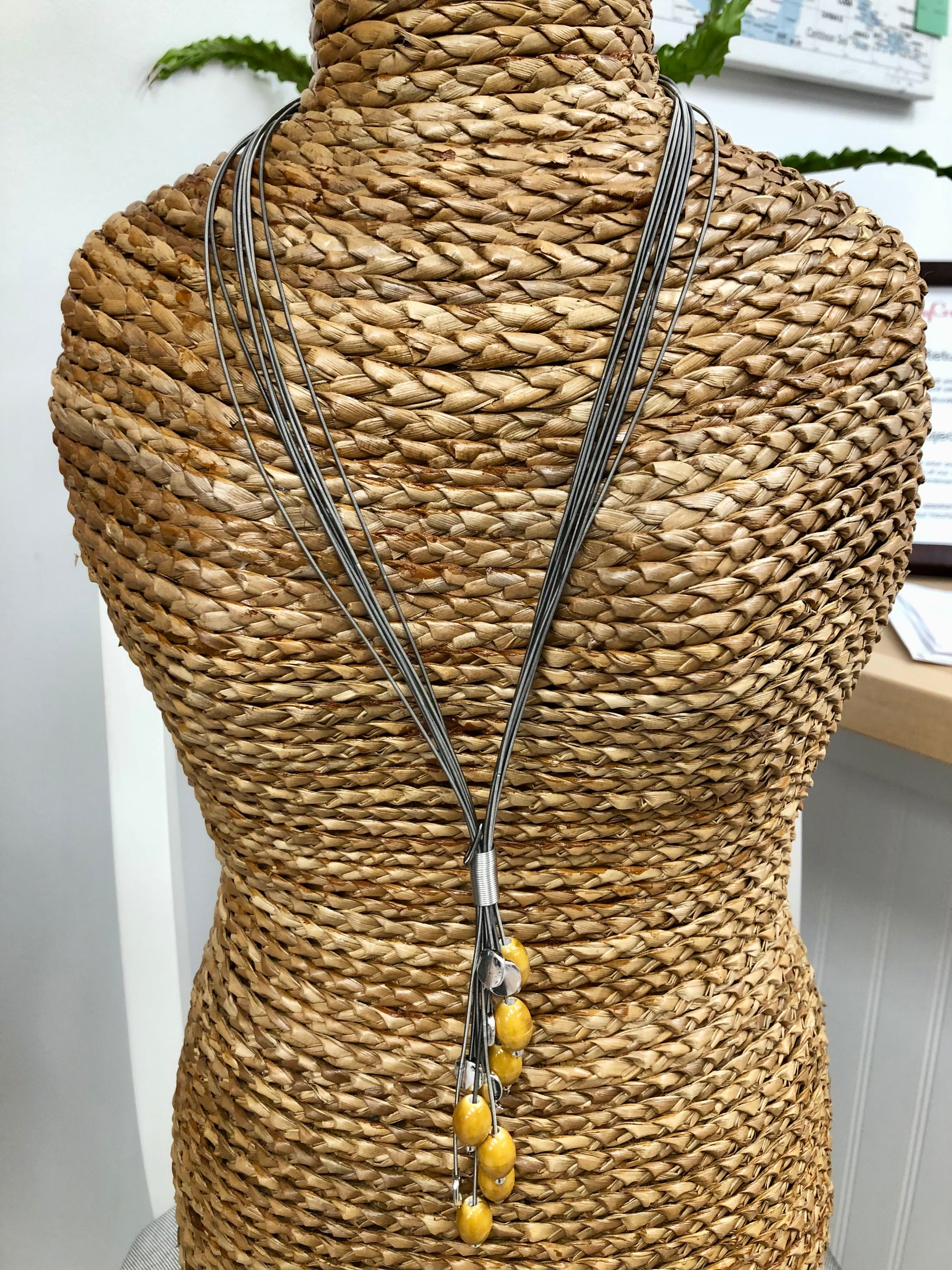 S1- Slate wire lariat necklace with yellow porcelain beads