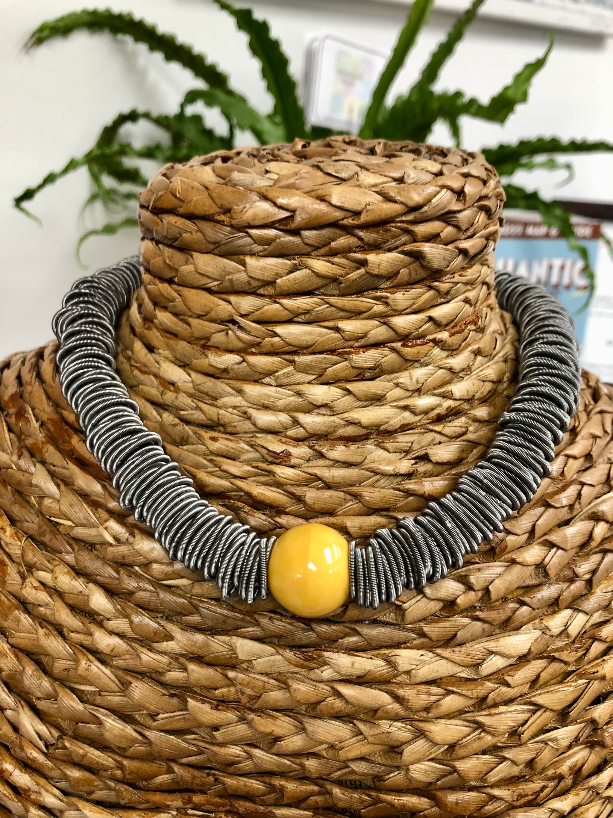 S104 - Slate spring necklace with yellow porcelain bead