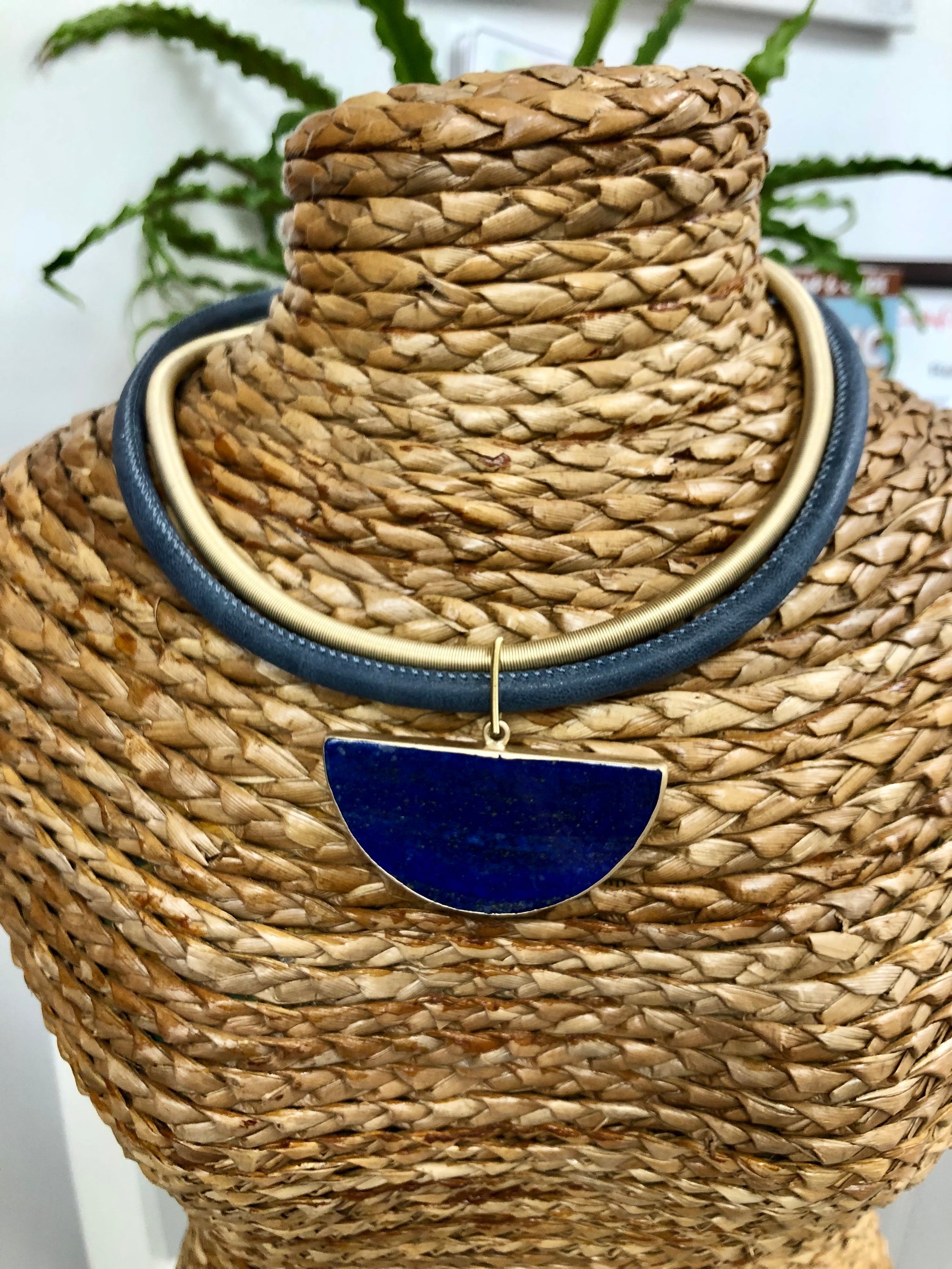 950 Lapis - Black Leather & gold wire necklace with half-moon lapis pendant