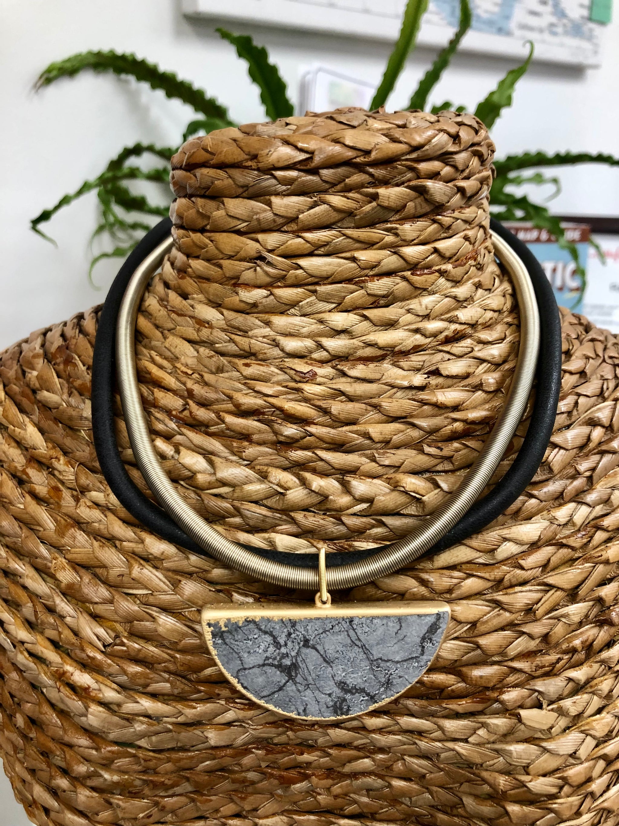950 Black Aragonite - Black leather with gold wire necklace with half-moon aragonite pendant