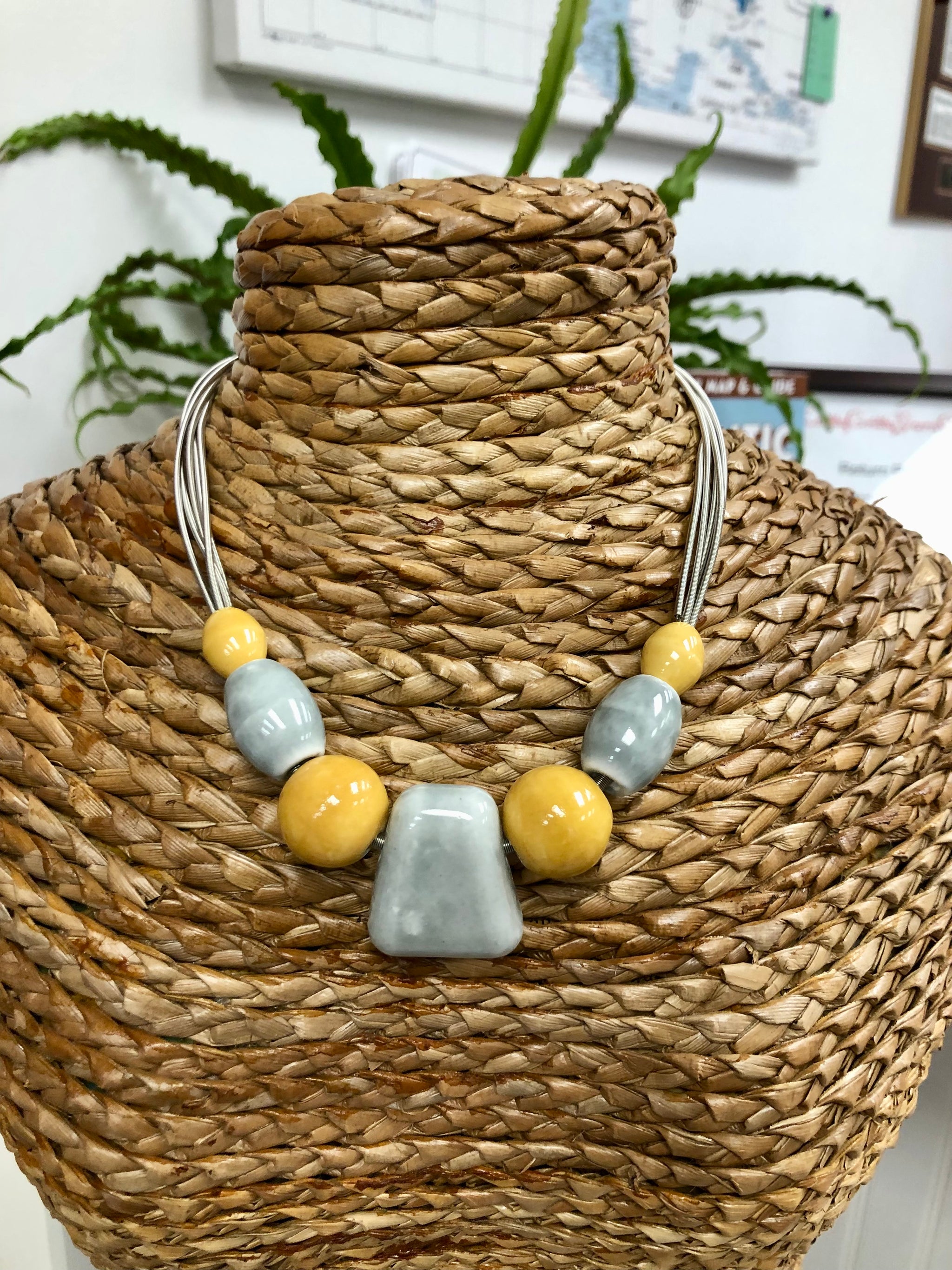 S95 - Silver wire necklace with gray and yellow porcelain beads